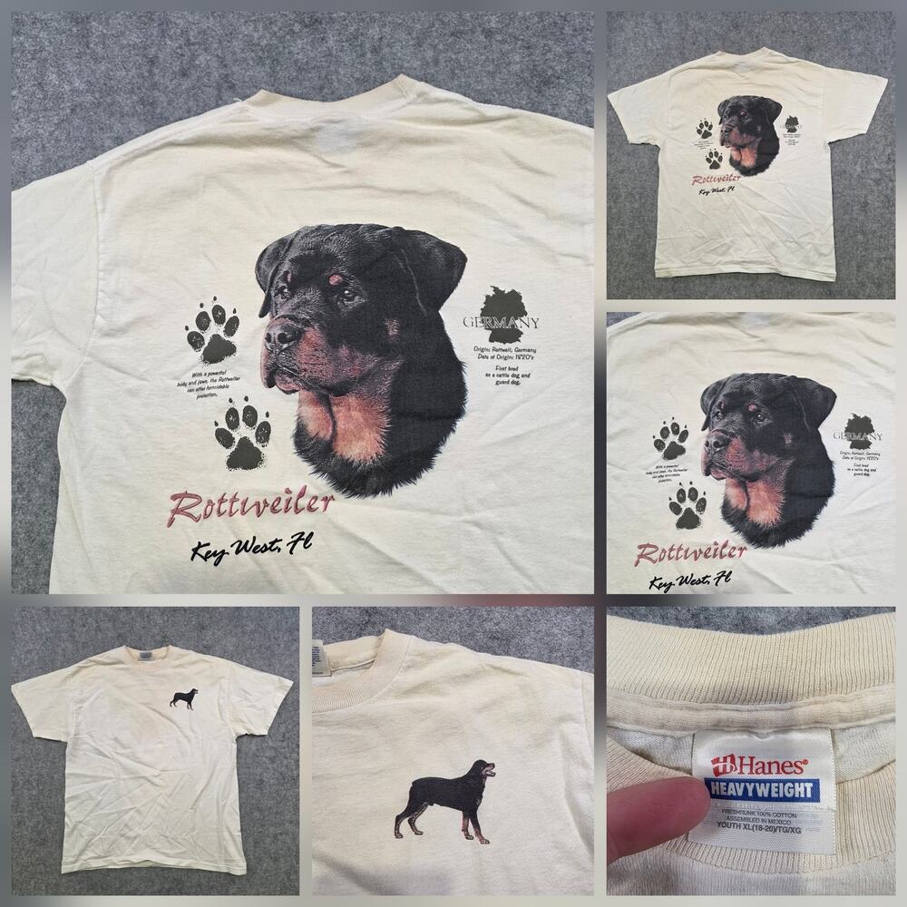 Vintage Rottweiler Dog Graphic T Shirt Youth XL 18-20 White Key West 90s Hanes